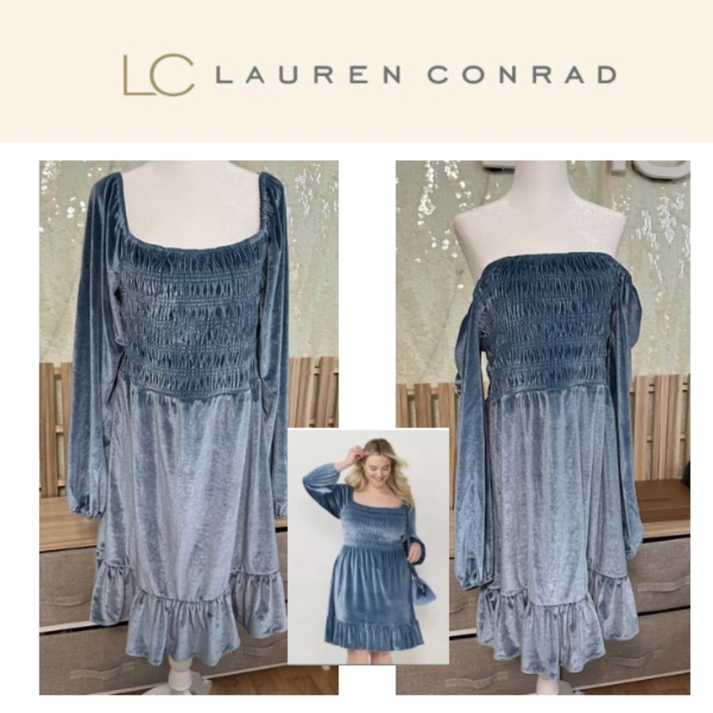 NWT LC Lauren Conrad Velvet Dress - BLUE Smocked Ruffle Women Size L - midi